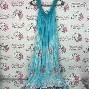 Crocus dress embroidered tie dye boho flowy braid Turquoise and Coral Maxi Dress